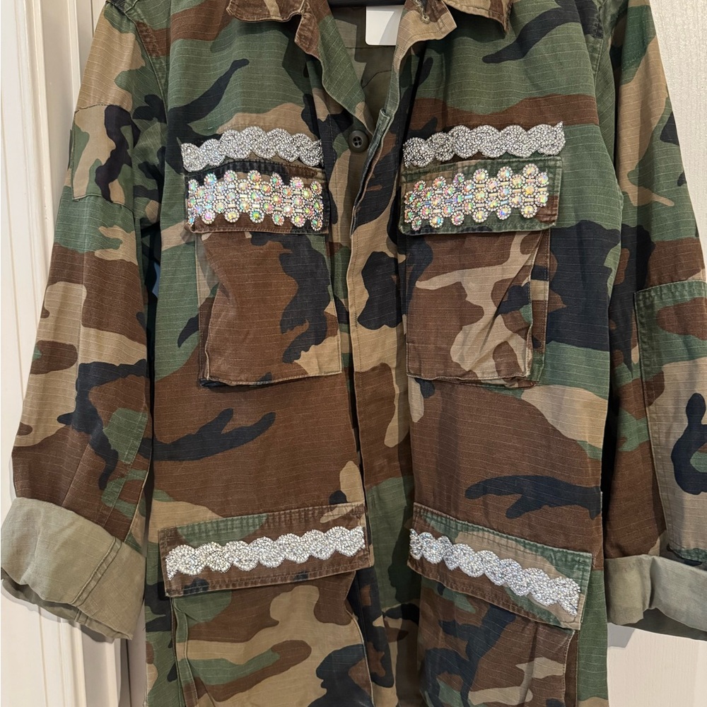 Camouflage Utility Jacket with Sequin Embellishments